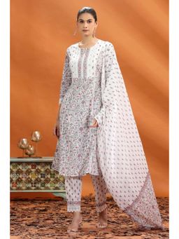 Cotton Culture - Off White Jaipuri Straight Floral Kurta with Pant and Dupatta (Set of 3)