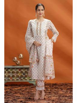 Cotton Culture - Off White Jaipuri Floral Kurta with Pant and Dupatta (Set of 3)