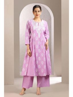 Cotton Culture - Light Purple Jaipuri Embroidered Straight Anarkali Kurta and Pant (Set of 2)