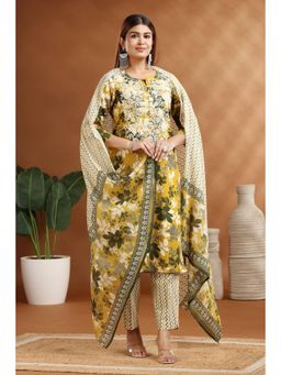 Cotton Culture - Olive Flax Straight Embroidered Kurta with Pant and Dupatta (Set of 3)