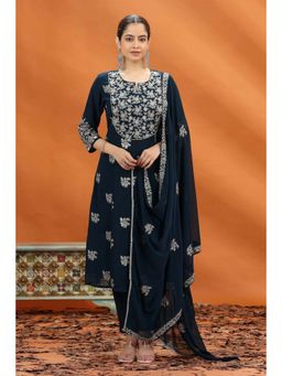Cotton Culture - Navy Blue Georgette Embroidered Anarkali Kurta with Pant and Dupatta (Set of 3)