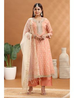 Cotton Culture - Peach Chanderi Embroidered Anarkali Kurta with Pants and Dupatta (Set of 3)