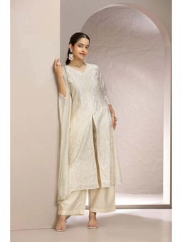Cotton Culture - Off White Chanderi Embroidered A Line Kurta with Pant and Dupatta (Set of 3)