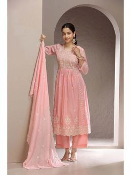Cotton Culture - Baby Pink Malmal Embroidered Anarkali Kurta with Pant and Dupatta (Set of 3)