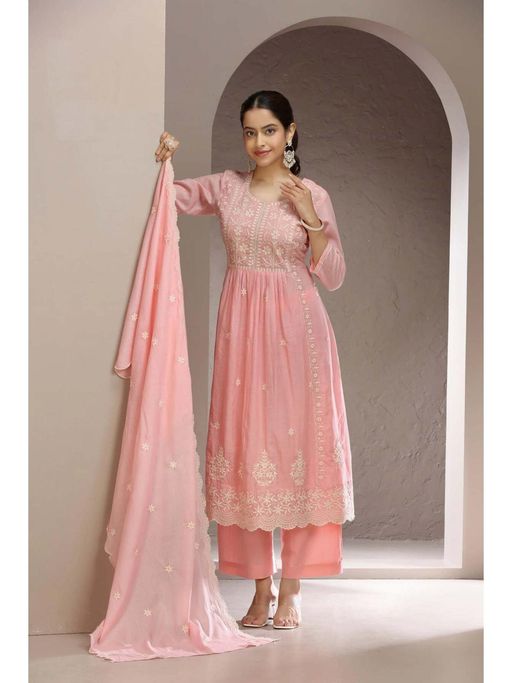 Buy Cotton Culture Baby Pink Malmal Embroidered Anarkali Kurta with Pant  and Dupatta (Set of 3) (XS) Online