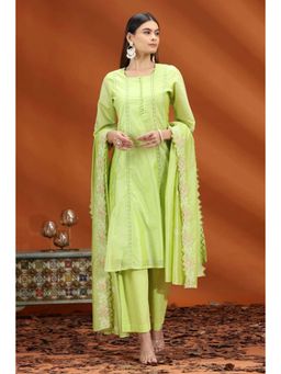 Cotton Culture - Neon Green Chanderi Embroidered Anarkali Kurta with Pant and Dupatta (Set of 3)
