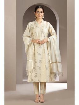 Cotton Culture - Cream Poly Silk A Line Embroidered Kurta with Pant and Dupatta (Set of 3)