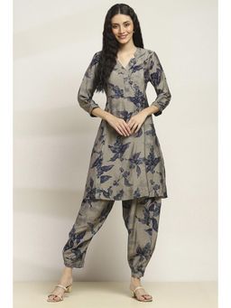 Rangriti - Women Grey Viscose Blend Printed A-Line Kurta With Pant (Set of 2)