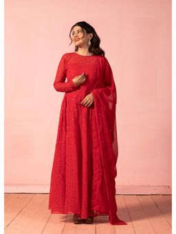 NUD - Romantic Red Sheifly Anarkali Kurta With Dupatta (Set of 2)