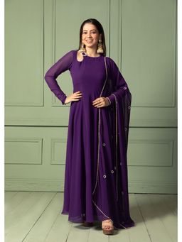 NUD - Viola Voilet Brooch Round Neck Sheer Back Anarkali Kurta With Dupatta (Set of 2)