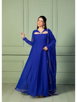 NUD - Velvet Blue Blossom Cutout Anarkali Kurta With Dupatta (Set of 2)