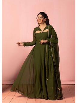 NUD - Olive Green Blossom Cutout Anarkali Kurta With Dupatta (Set of 2)