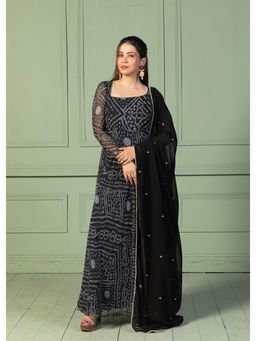 NUD - Ebony Black Bandhani Asymmetric Neck Anarkali Kurta With Dupatta (Set of 2)