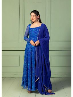 NUD - Regal Blue Bandhani Asymmetric Neck Anarkali Kurta With Dupatta (Set of 2)