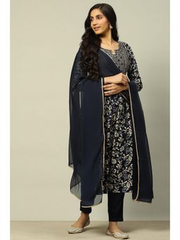 Rangriti - Women Indigo Viscose Rayon Gathered Kurta With Pant And Dupatta (Set of 3)