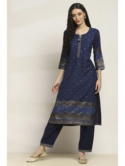 Rangriti - Women Indigo Viscose Rayon Printed Straight Kurta With Pant (Set of 2)