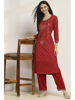 Rangriti - Women Red Viscose Rayon Printed Straight Kurta With Pant (Set of 2)