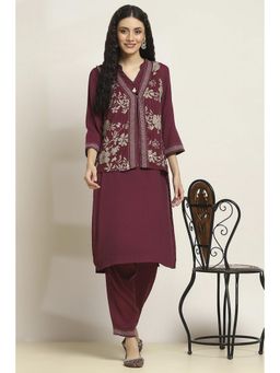Rangriti - Women Wine Viscose Blend Printed Straight Kurta With Pant And Jacket (Set of 3)