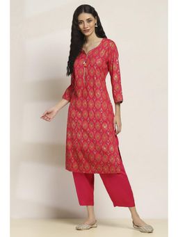 Rangriti - Women Pink Viscose Rayon Printed Straight Kurta With Pant (Set of 2)