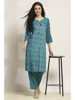 Rangriti - Women Teal Viscose Rayon Printed Straight Kurta With Pant (Set of 2)