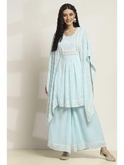 Rangriti - Women Aqua Polyester Flared Kaftan With Palazzo (Set of 2)