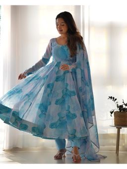 JATRIQQ - Skyblue Pure Organza Silk Marble Print Anarkali Kurta With Pant And Dupatta (Set of 3)