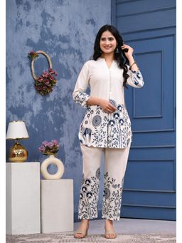 Mokshi - Blue Khadi Mandarin Collar Printed Co-ord (Set of 2)