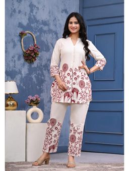 Mokshi - Maroon Khadi Mandarin Collar Printed Co-ord (Set of 2)