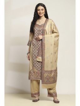Rangriti - Women Beige Art Silk Straight Kurta With Pant And Dupatta (Set of 3)