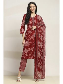Rangriti - Women Maroon Cotton Straight Kurta With Pant And Dupatta (Set of 3)