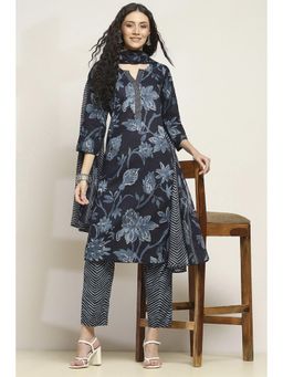 Rangriti - Women Navy Blue Cotton Straight Kurta With Pant And Dupatta (Set of 3)