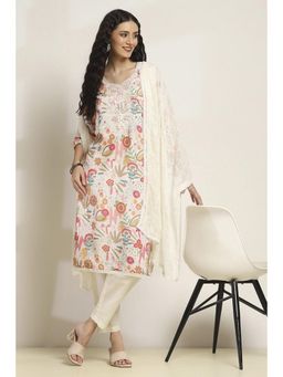 Rangriti - Women Off White Cotton Blend Straight Kurta With Pant And Dupatta (Set of 3)
