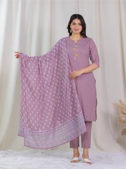 ARAMYA - Soft Cotton Purple A-Line Solid Kurta And Pant With Dupatta (Set of 3)