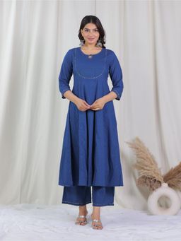 ARAMYA - Textured Cotton Blue Anarkali Woven Design Print Kurta with Pant (Set of 2)