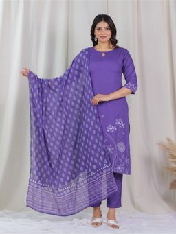 ARAMYA - Rayon Purple Straight Solid Kurta And Pant With Dupatta (Set of 3)