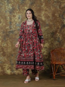 ARAMYA - Soft Cotton Multicolour Anarkali Paisley Print Kurta with Pant and Dupatta (Set of 3)