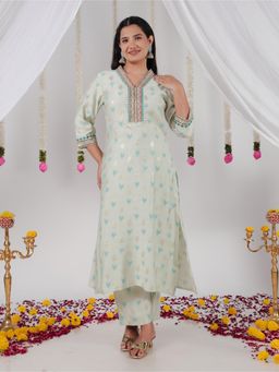 ARAMYA - Romen Silk Blue Straight Geometric Print Kurta with Pant (Set of 2)