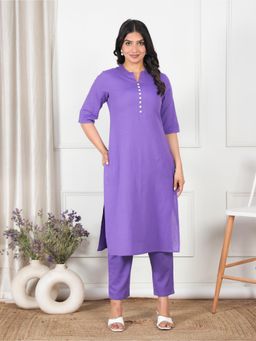 ARAMYA - Linen Cotton Purple Straight Solid Kurta with Pant (Set of 2)