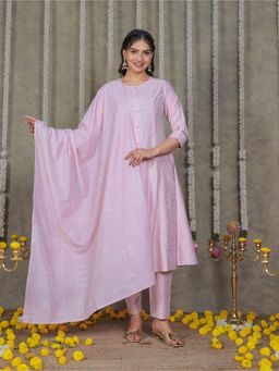 ARAMYA - Romen Silk Pink A-Line Gold Foil Print Anarkali Kurta And Pant With Dupatta (Set of 3)