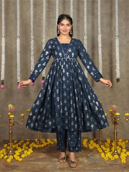 ARAMYA - Romen Silk Blue, Gold Foil Print Anarkali Kurta with Pant (Set of 2)
