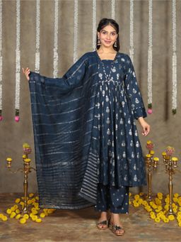 ARAMYA - Romen Silk Blue, Gold Foil Print Anarkali Kurta With Pant And Dupatta (Set of 3)