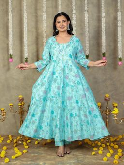 ARAMYA - Romen Silk Turquoise Flared Floral Print Anarkali Kurta with Pant (Set of 2)