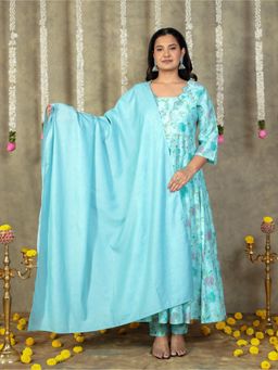 ARAMYA - Romen Silk Turquoise Floral Print Anarkali Kurta With Pant And Dupatta (Set of 3)