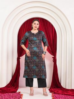 ARAMYA - Muslin Navy Blue Straight Geometric Print Kurta with Pant (Set of 2)