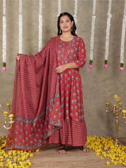 ARAMYA - Soft Cotton Red Floral Print Anarkali Kurta With Pant And Dupatta (Set of 3)