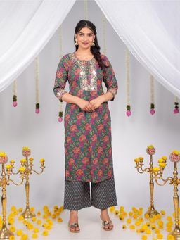ARAMYA - Soft Cotton Multicolour Straight Floral Print Kurta with Pant (Set of 2)