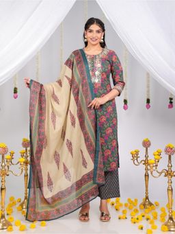 ARAMYA - Soft Cotton Multicolour Straight Floral Print Kurta And Pant With Dupatta (Set of 3)