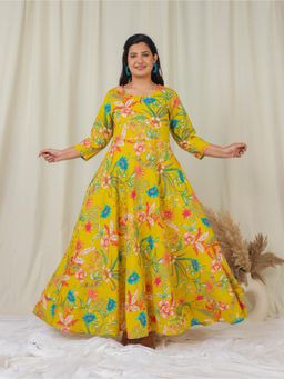 ARAMYA - Soft Cotton Yellow Floral Print Anarkali Kurta with Pant (Set of 2)