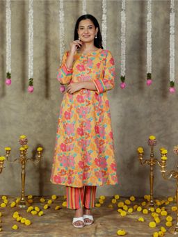 ARAMYA - Soft Cotton Yellow A-Line Floral Print Kurta with Pant (Set of 2)