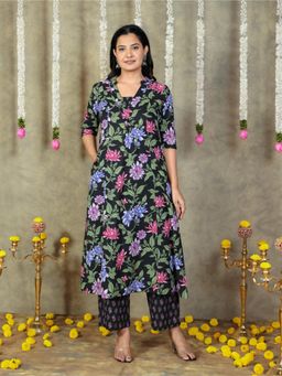 ARAMYA - Soft Cotton Black A-Line Floral Print Kurta With Pant (Set of 2)